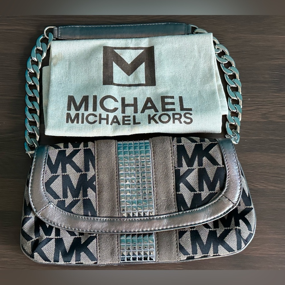 Michael Kors Signature MK Suede & Metal Stud Chain Detail Clutch Shoulder Bag